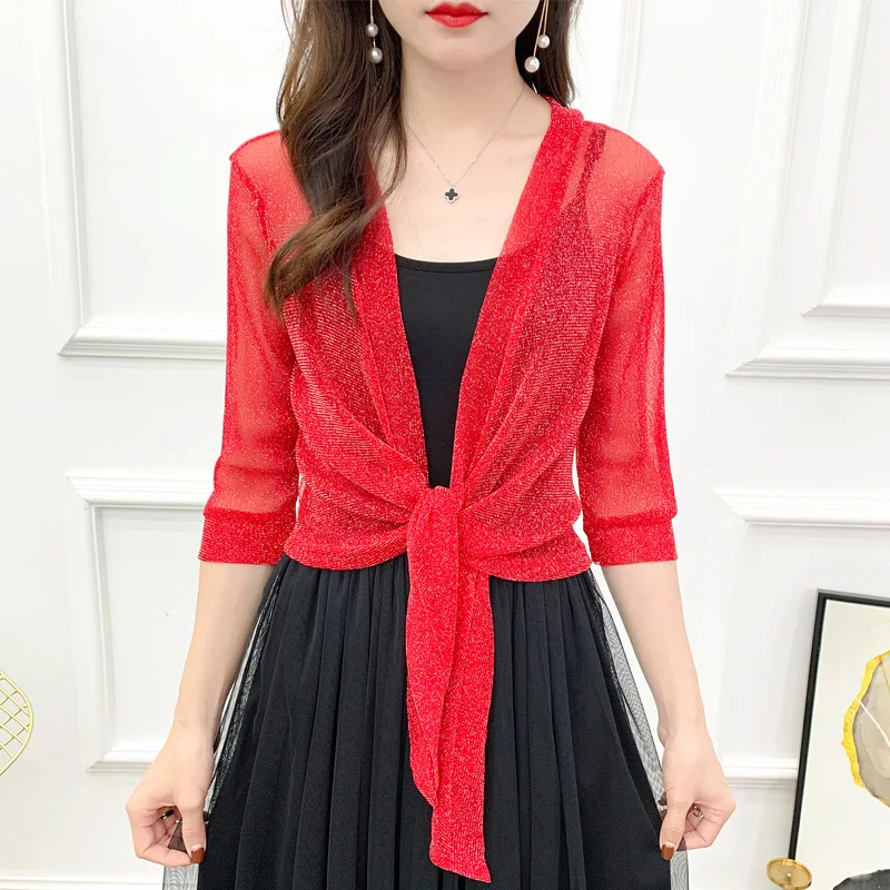 #5307 Summer Sunscreen Coat Women Sexy Thin Outerwear Womens Cardigan Kimono Jacket Female Mesh Shinny See Through Coat Ladies