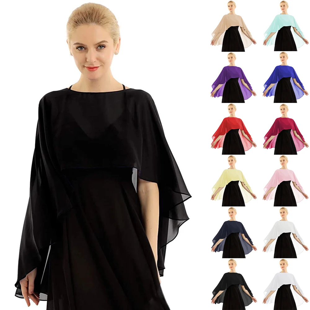 Women Wedding Bridal Cape Soft Lightweight Chiffon Shawl High Low Long Formal Wrap Lady Evening Prom Shrug Black White Ivory