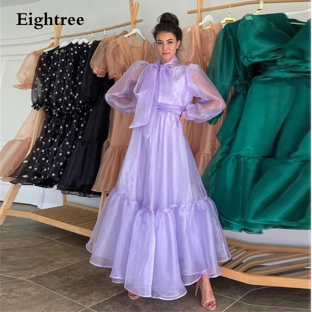 Light Purple Long Sleeves A Line Evening Dresses High Neck Simple Pleated Prom Party Dress 2024 Formal Gowns Vestidos de festa