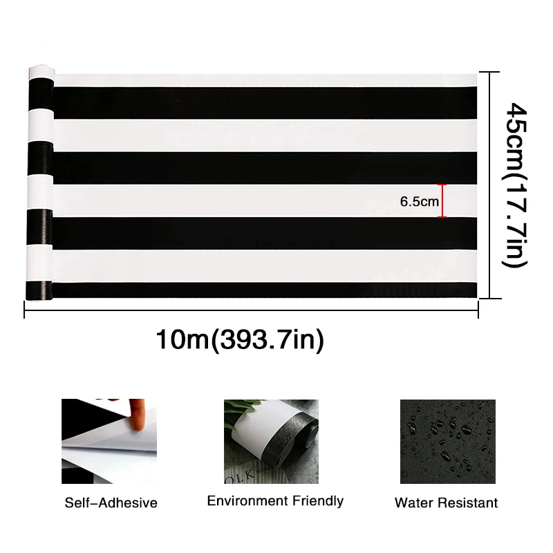 Stripe Black White Peel and Stick Wallpaper Vinyl Waterproof Self-Adhesive Wallpaper Removable Contact Paper Decorative Stickers