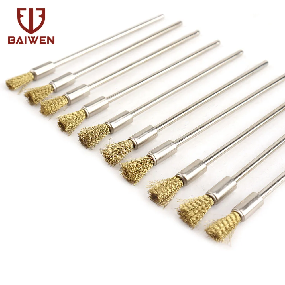 10 Pack Rvs Draad End Borstel Set 3Mm Schacht Messing Pen Vorm Draad Polijsten Borstel Voor Dremel Rotary accessoires