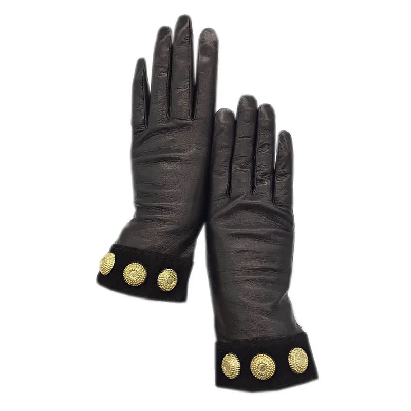 Guantes de piel de oveja de moda para mujer de invierno Piel de oveja negra de alta calidad Cómodos y suaves guantes de cuero nuevos Forro de lana