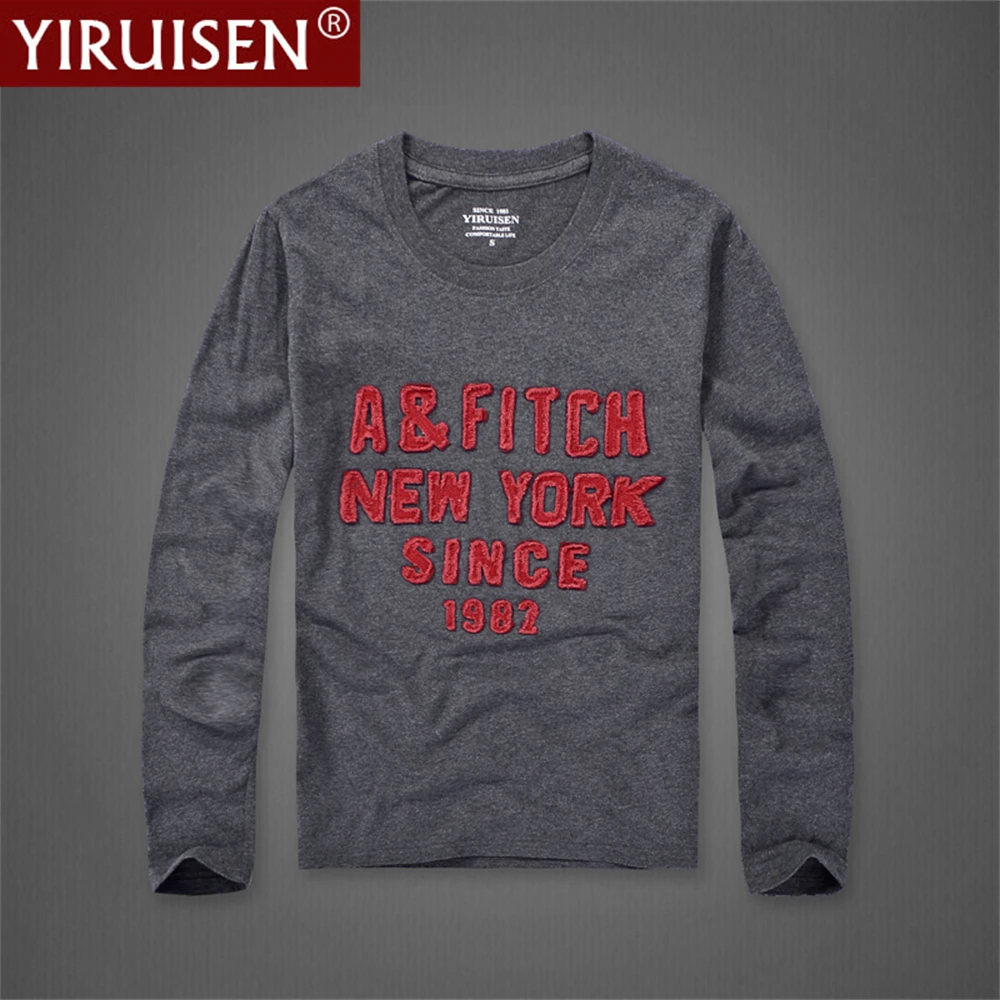 YIRUISEN 100% Cotton Embroidery Designer Mens Long Sleeve Autumn Male Clothing Casual TShirts O-Neck Top Tees Sports Soft Homme