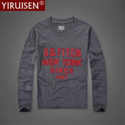 YIRUISEN 100% Cotton Embroidery Designer Mens Long Sleeve Autumn Male Clothing Casual TShirts O-Neck Top Tees Sports Soft Homme