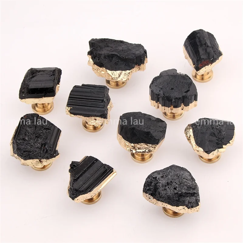 Natural Black Tourmaline Knob and Handle With Brass Base Irregular Gold Edge Drawer Cupboard Closet Door Knobs Furniture Pulls