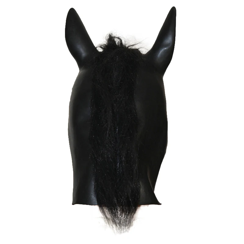 Latex Horse Hood Mask Adult Fetish Bondage Hood Rubber Horse Masks with Hairs with Zipper Closure