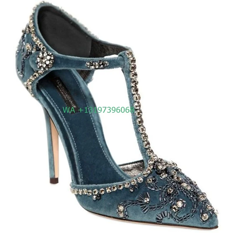 

Ladies pointed toe T with rhinestones bling bling high heels cover heel elegant prom shoes banquet shoes footwear large size 43