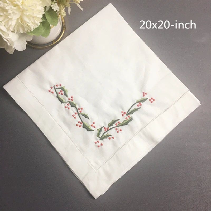 Set von 12 Taschentücher Weihnachten Abendessen Servietten weiß Hemstitched leinen Serviette Farbe Gestickte Blumen 18x1 8/20x20-inch