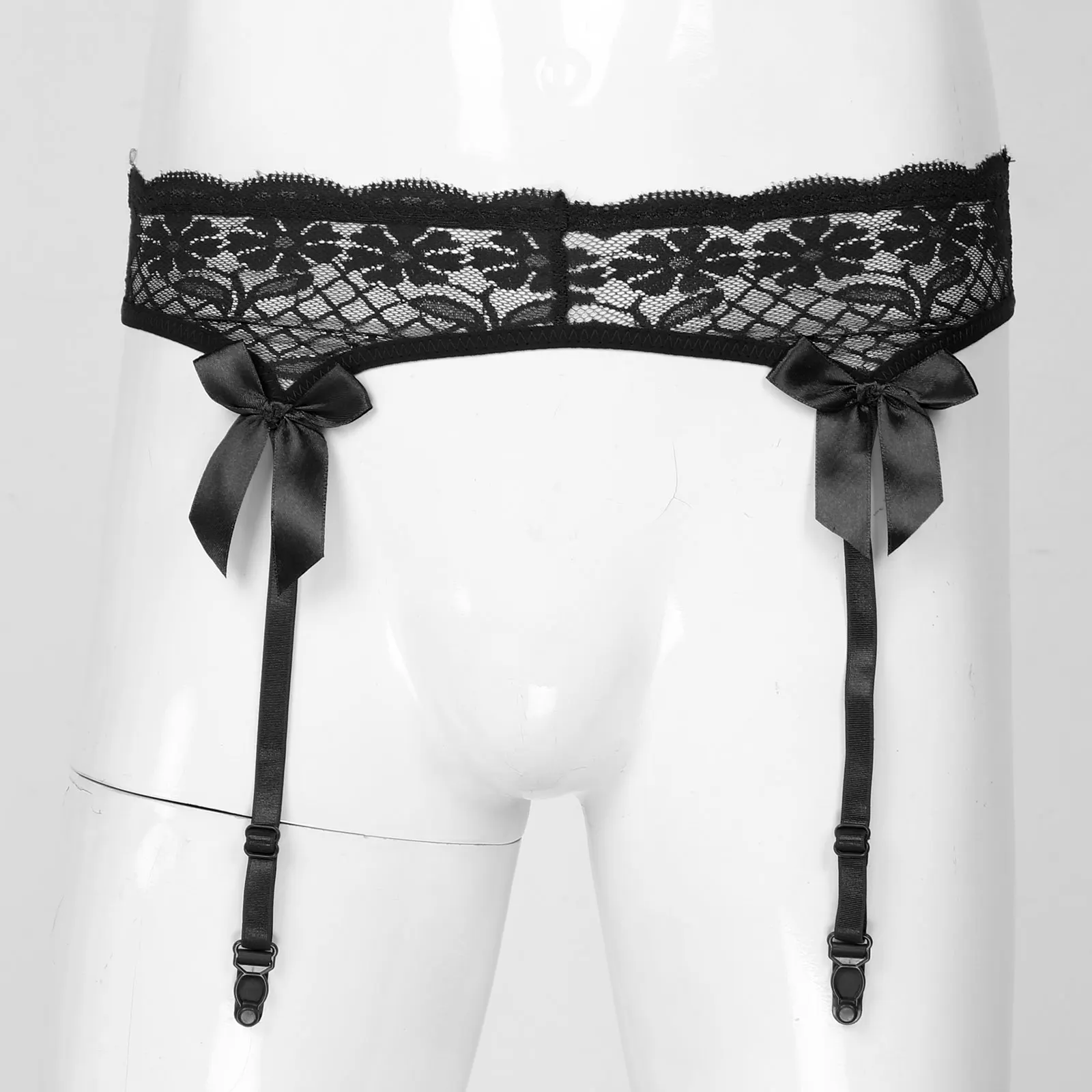 Porte-jarretelles en dentelle transparente pour hommes, sous-vêtements Sissy transparents, nœud papillon, ceinture élastique, bretelles pour bas, lingerie sexy