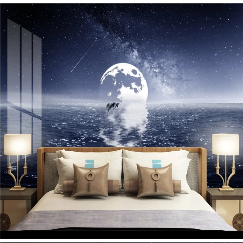 XUE SU Customized large wallpaper wall modern fashion seascape dolphin bright moon reflection interior decoration painting