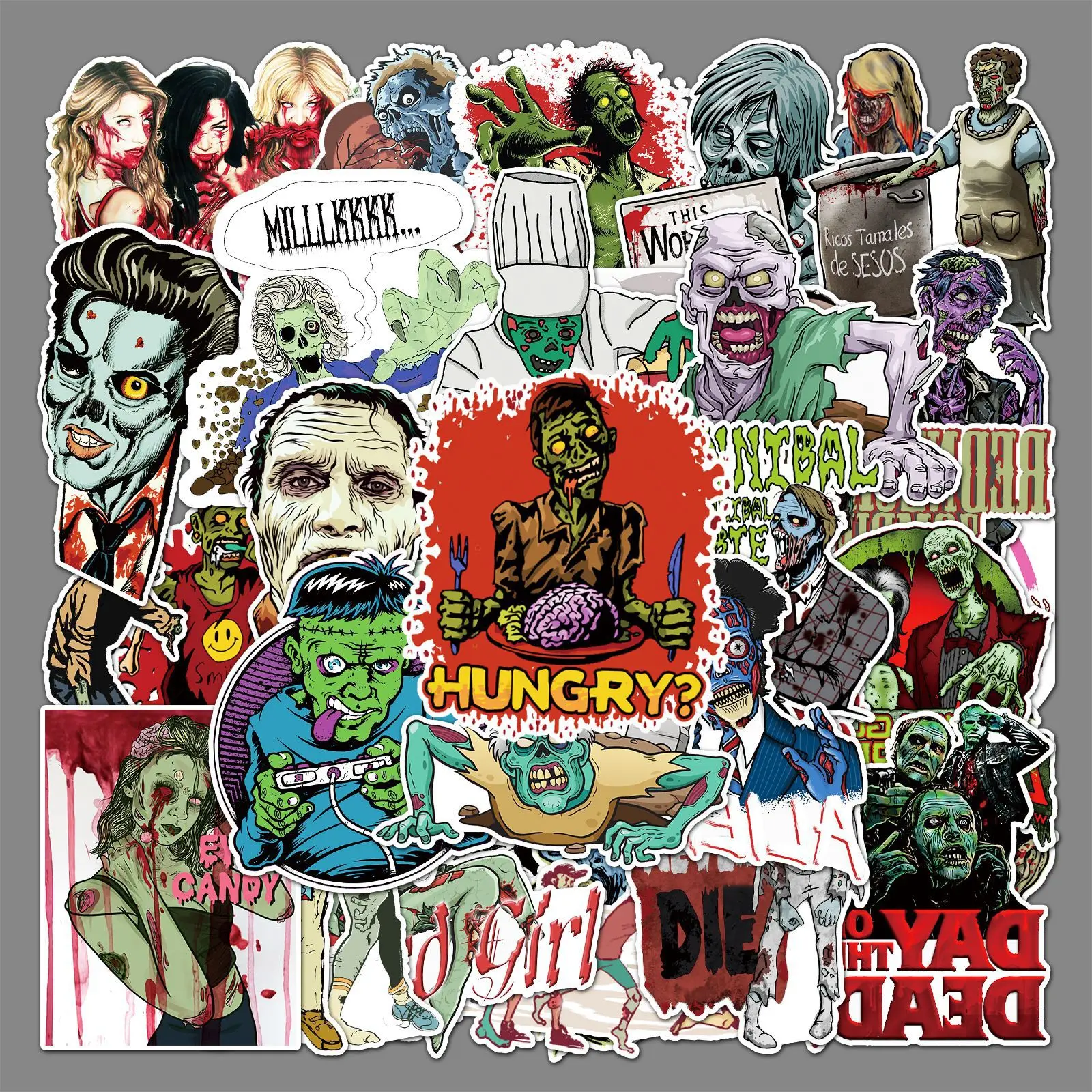 10/30/50pcs Cartoon Zombie Graffiti Horror Suspense Stickers  Window Wall Water Cup Trolley Popular  Fridge Guitar Skateboard