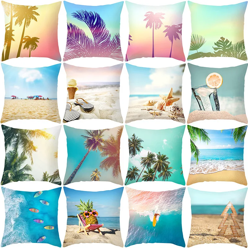 New Summer Blue Beach Pillow Cushion Case Hot Tropical Ocean Palm Print Throw Pillows Cover Livingroom Sofa Seats Bed Decoration