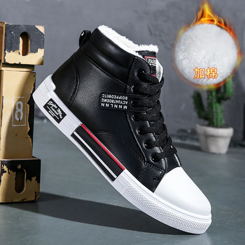 Fellow-Chaussures en cuir canisé pour hommes, baskets montantes en fourrure blanche, botte en peluche d\'hiver pour jeunes garçons, chaussures de