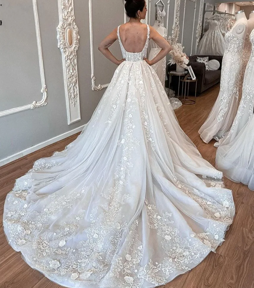 Gaun Pengantin Rok Dapat Dilepas Vestidos De Maire Gaun Pengantin Mewah Applique Renda Tulle Putri Duyung Buatan Khusus