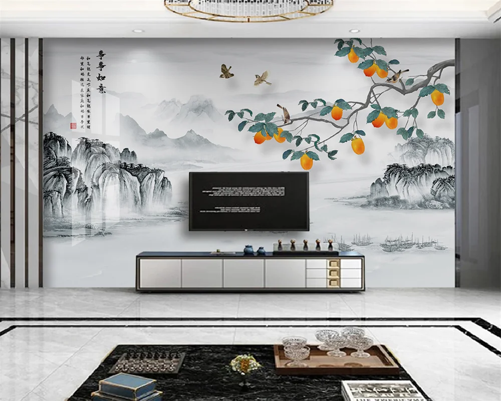 beibehang Customized modern new new Chinese style flower and bird landscape marble TV background papel de parede wallpaper