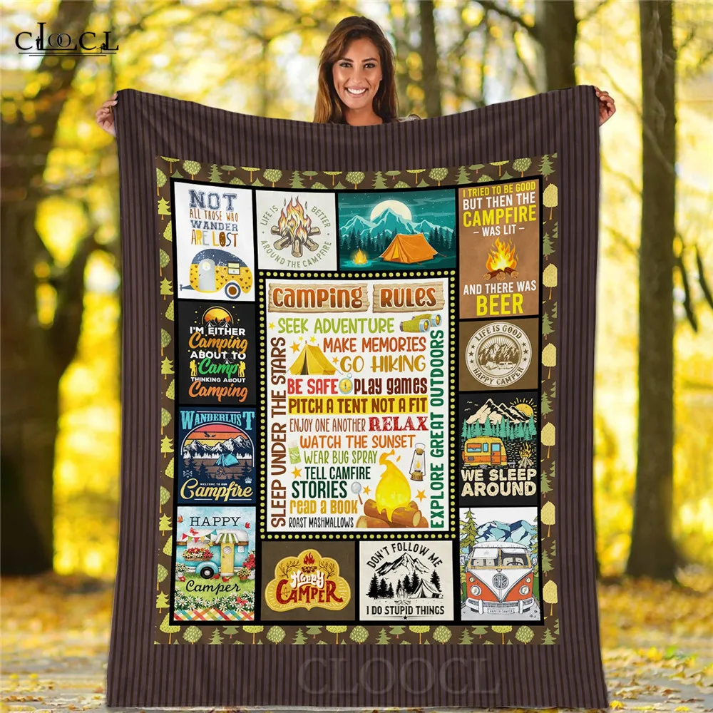 HX Camping Flannel Blankets 3D Graphic Camping Rules Watch The Sunset And Wait For The Stars Keep Warm Plush Quilts