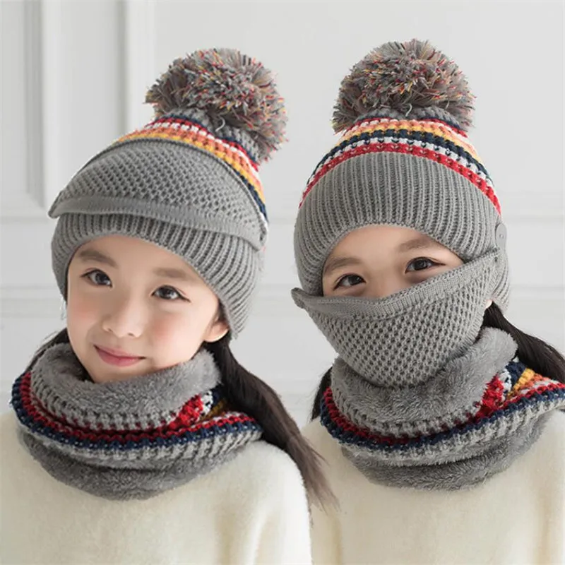 

Winter Girls Hat And Scarf Set Child Warm Plush Knit Pom Pom Cap Scarves With Mask Big Kids Stripe Circular Scarf Hat 5-12T