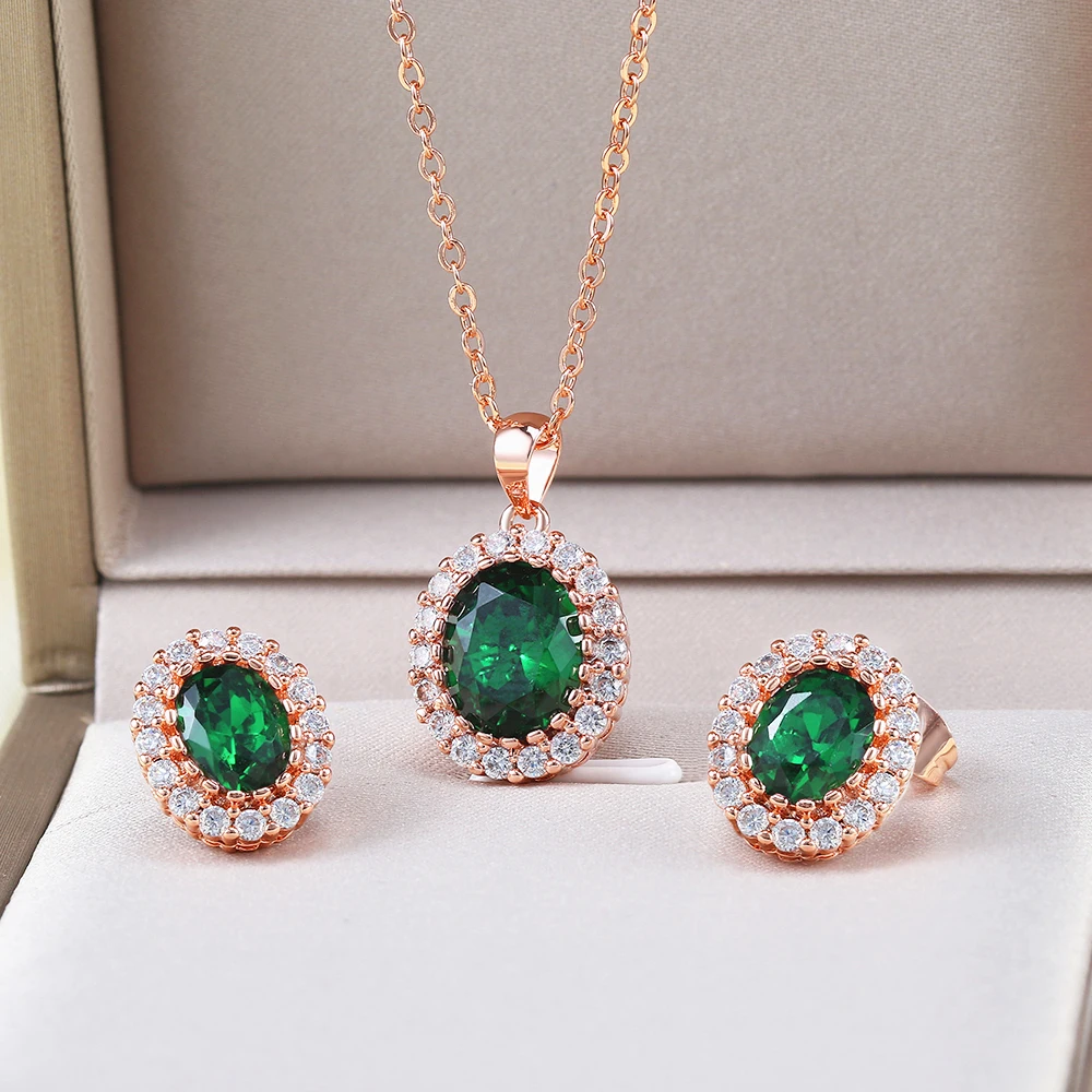 5 Colors Bridal Wedding Set For Women Green Crystal Necklace & Earrings Rose Gold Color Cubic Zirconia Fashion Jewelry S106