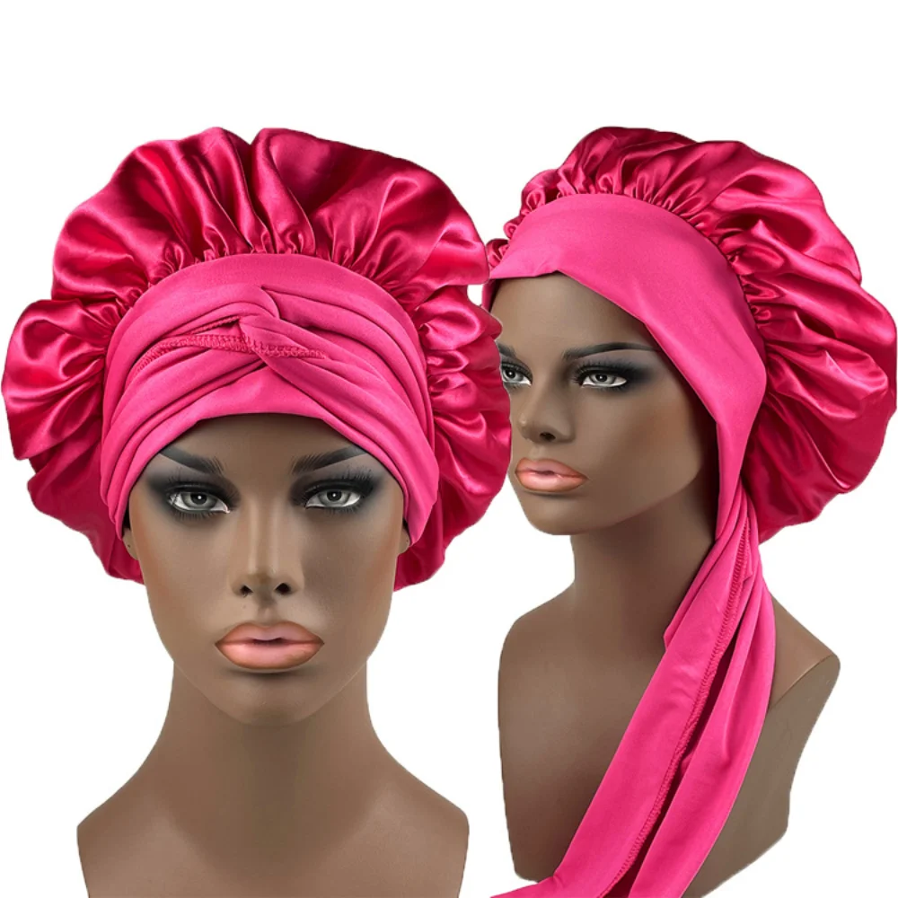 

Women Satin Bonnet Spandex Wide Stretchy Band Long Tail Bonnet Satin Cheveux Nuit Silk Sleeping Night Cap Bonnets for Women