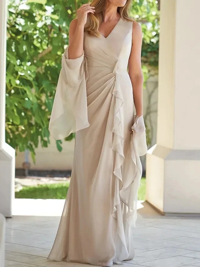 Robe mère de la mariée deux pièces Champagne, élégante, portefeuille, col en v, longueur au sol, à volants, robes de soirée de mariage, 2022