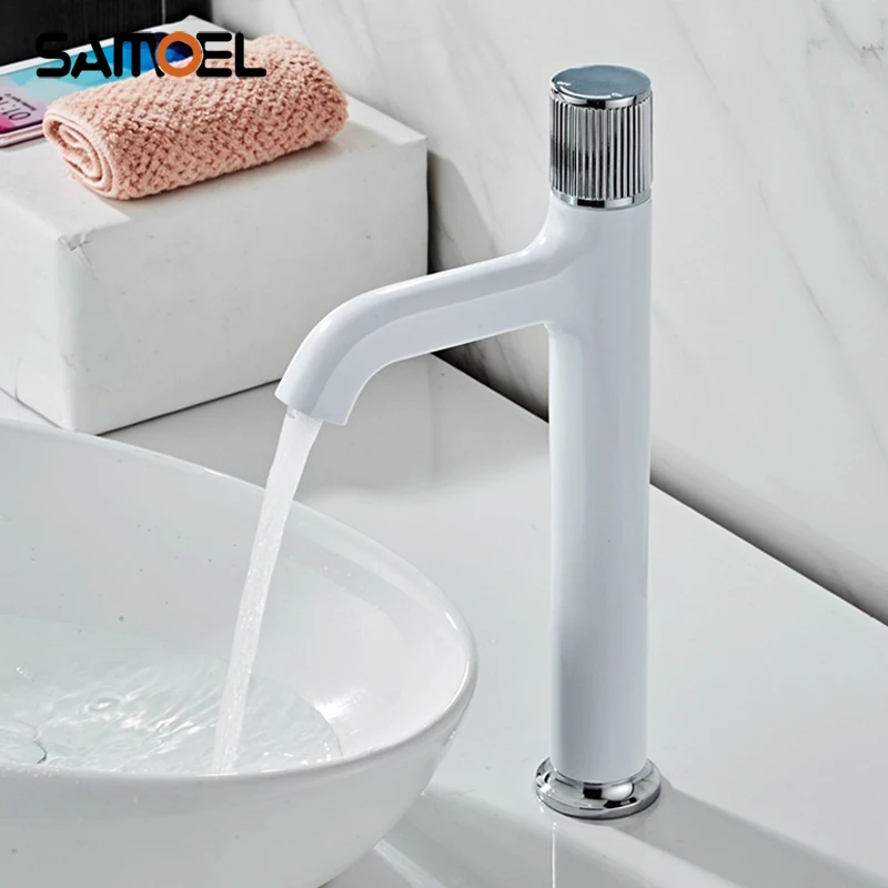 

New Industrial Style Brass White Bathroom Faucet Mixer Deck Mount Single Handle Lavatory Basin Water Tap W3051