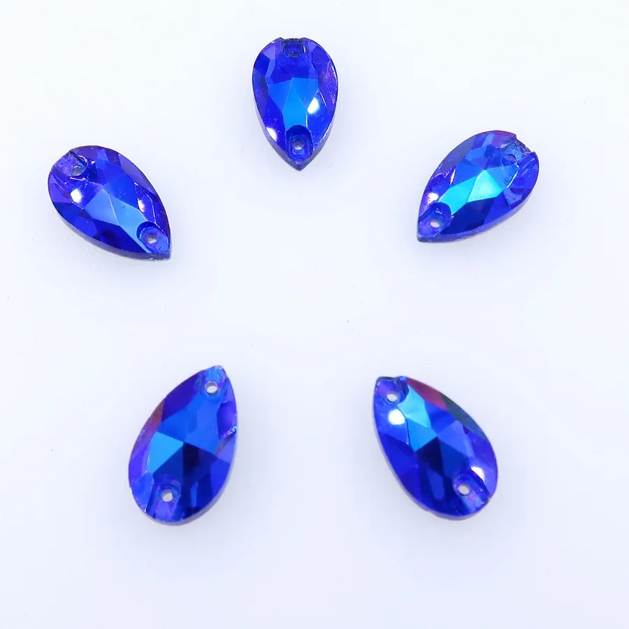 AB Farben Schlanke Wassertropfenform Glaskristalle mit Flacher Rückseite Zwei Löcher 5 Größen Kristalle zum Aufnähen auf Kleidung Schuhe Hochzeitskleid DIY – Detail 8