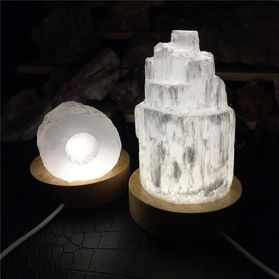 

Natural Selenite Tower Lamp Holes in the Bottom Gypsum Rough Crystals Reiki Spiritual Healing Room Mineral Specimen