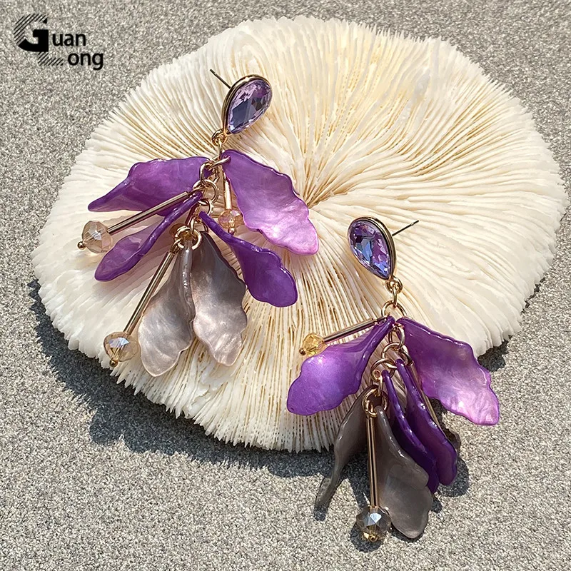 GuanLong Trendy Big Flower Drop Earrings For Women Korean Statement Resin Long Dangle Earing Metal Hanging Fashion Jewelry Girls