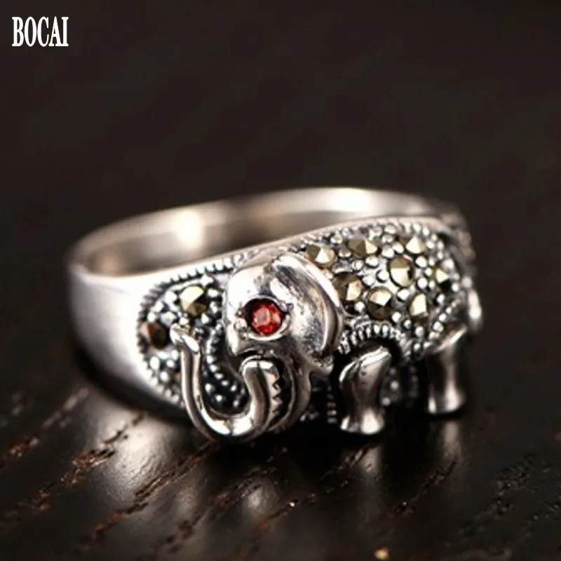 

BOCAI New Real S925 Sterling Silver For Women Vintage Thai Silver Elephant With Marcsay Stone Women's Rings Available
