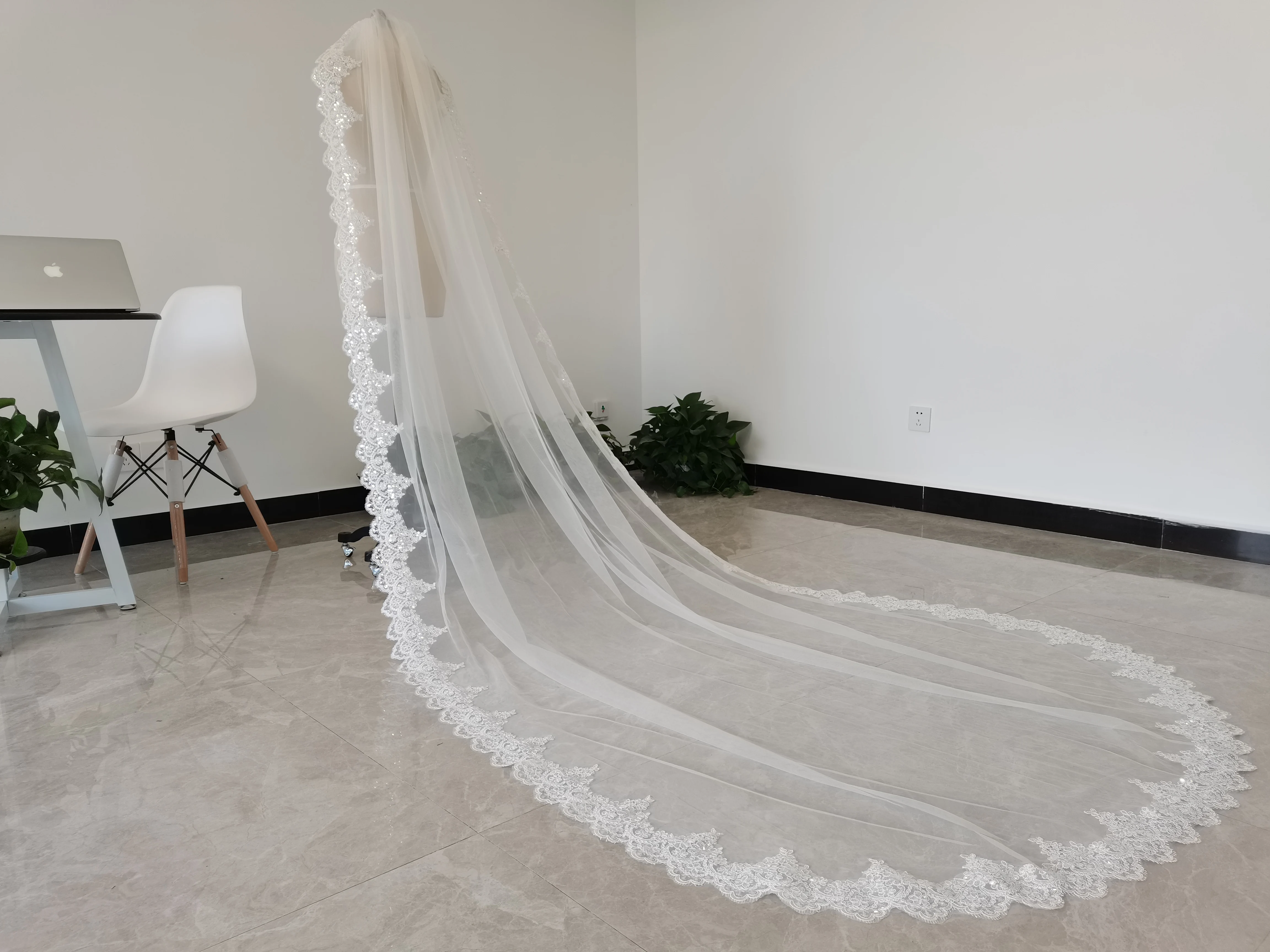 Voile de mariage blanc ou ivoire, une couche, en dentelle, paillettes, brillant, pour mariage