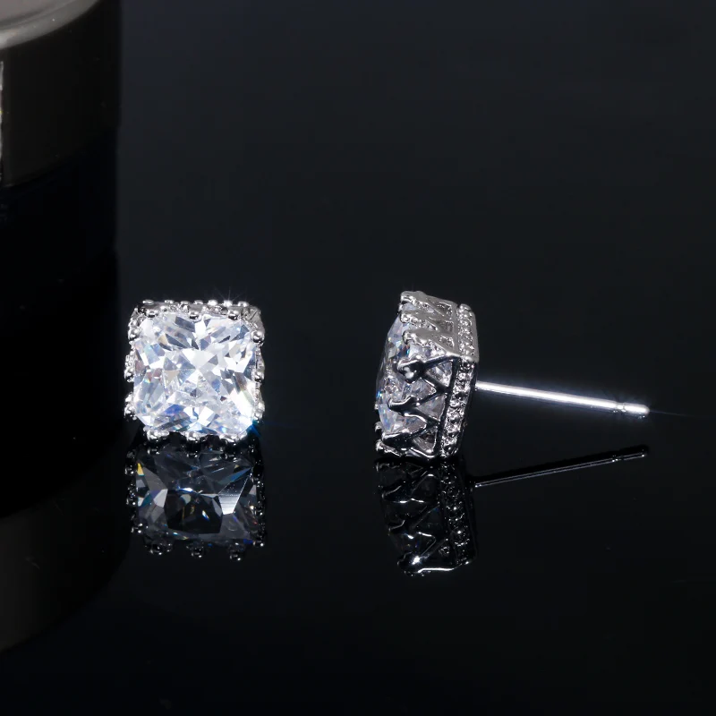 CWWZircons 2022 new design white gold color square crown 5A cubic zirconia big post stud earrings for women CZ029