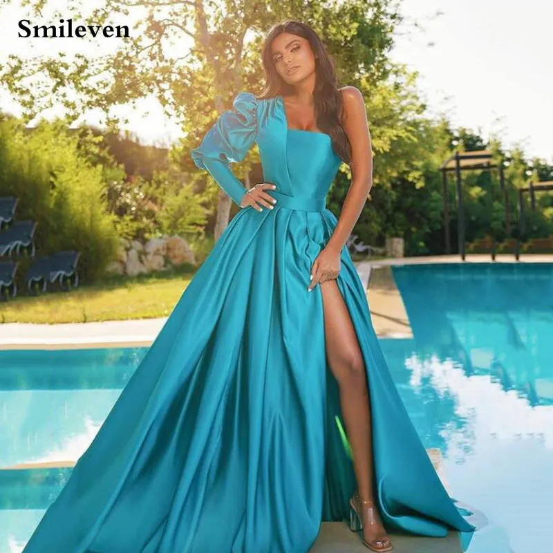 

Smileven A Line One Shouldr Evening Dress turquoise Green Long High Side Split Prom Dresses New Arrival Celebrity Dresses