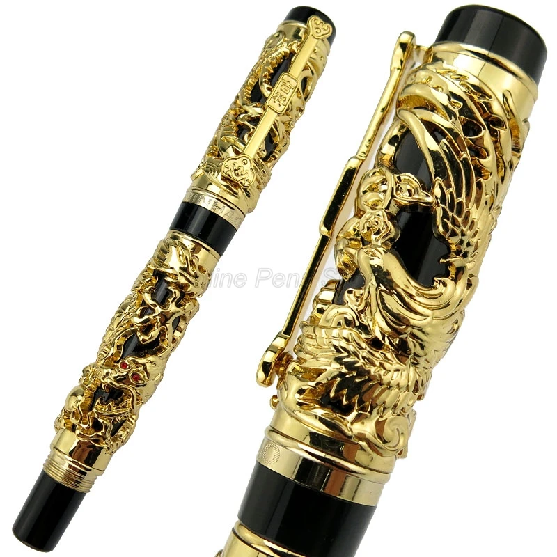 Jinhao Luxury Dragon Phoenix Rollerball Pen, Metal Carving Embossing Heavy Pen, Golden & Black For Business Gift Pen