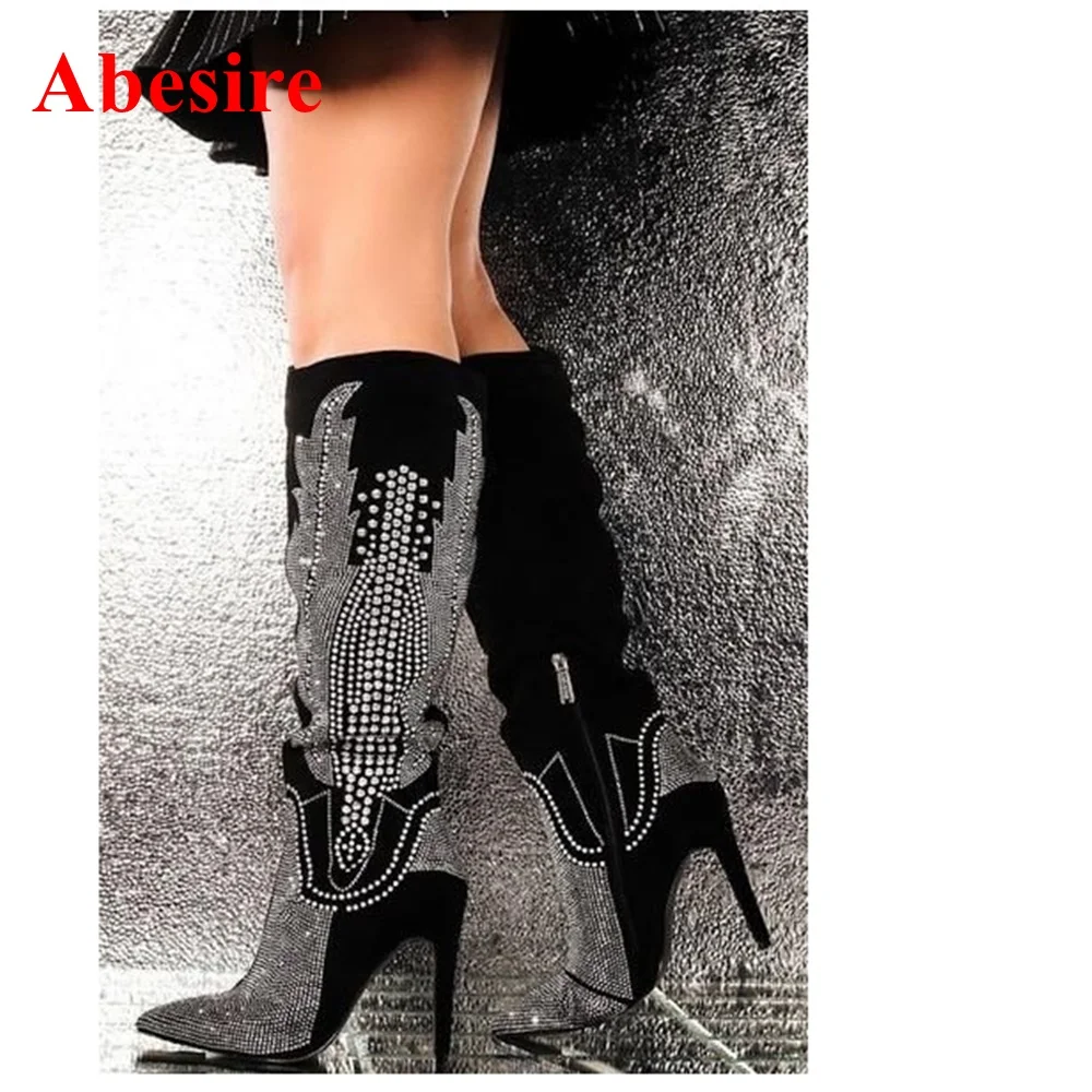 Pointed Toe Crystal Knee High Boots Stiletto Heel Side Zipper Solid Winter Women Shoes New Arrival Big Size Black Sexy Shoes