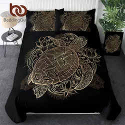 BeddingOutlet Turtles Bedding Set Animal Black Duvet Cover Golden Tortoise Bed Cover Set King Flowers Bedspreads Queen Luxury