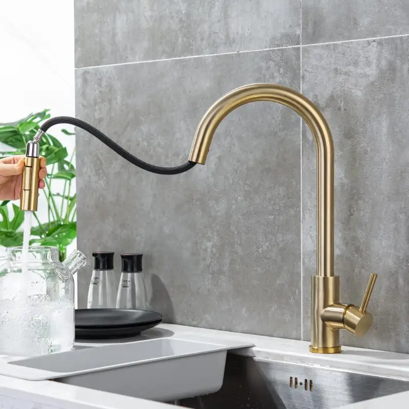 Tuqiu Kitchen Faucet Brushed Gold Pull Out Kitchen Tap Black Pull Down Kitchen Mixer Rotating Sink Faucet Mixer Tap SUS 304