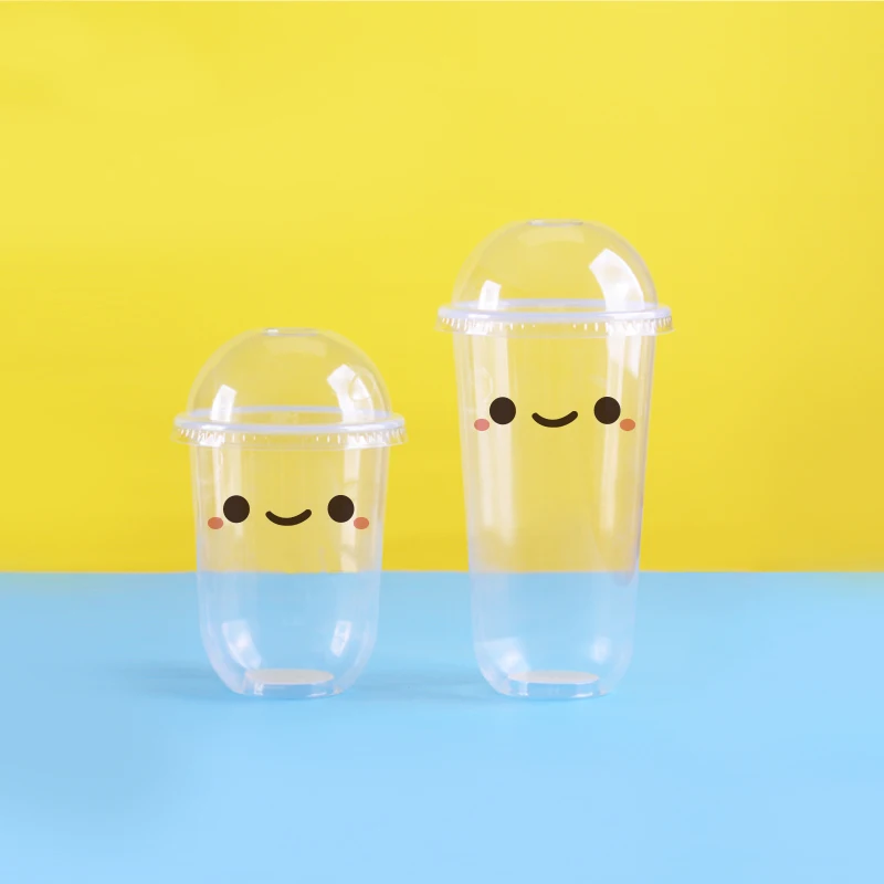 50pcs High quality transparent disposable coffee cup 500ml U shape smile pattern packaging milk tea juice plastic cup with lid