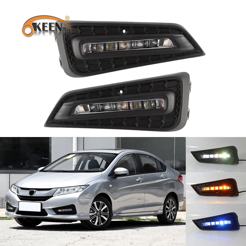 OKEEN 2pcs Car LED Daytime Running Light For Honda City 2015 2016 2017 2018 White DRL Yellow Turn Signal Light Ice Blue Fog Lamp