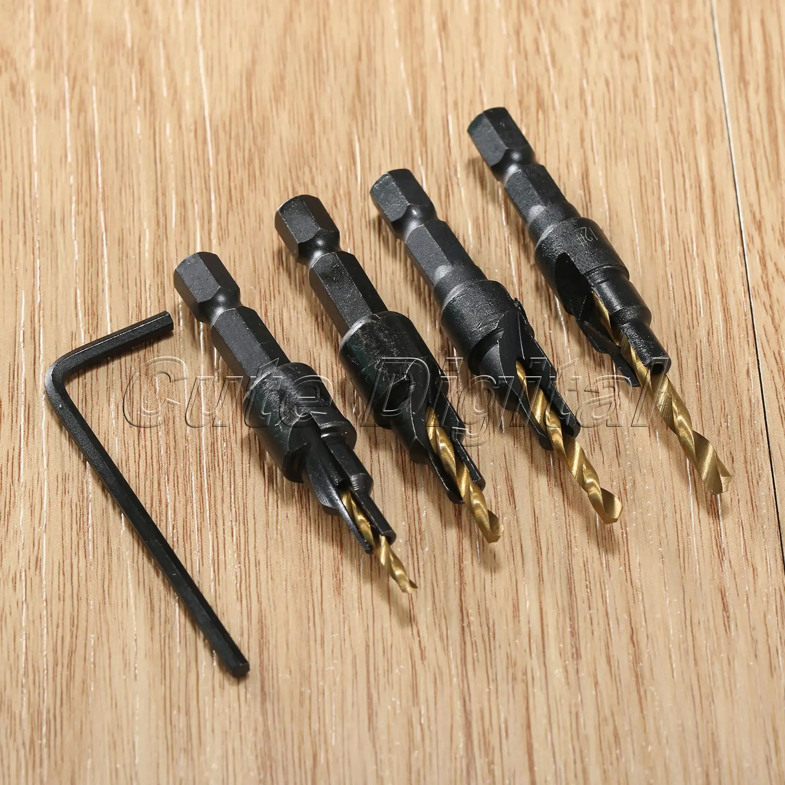 

4pcs Titanium HSS Countersink Drill Set Quick Change 1/4" Round Shank 6# 8# 10# 12# Hole Saw Woodworking Tools+Small Wrench