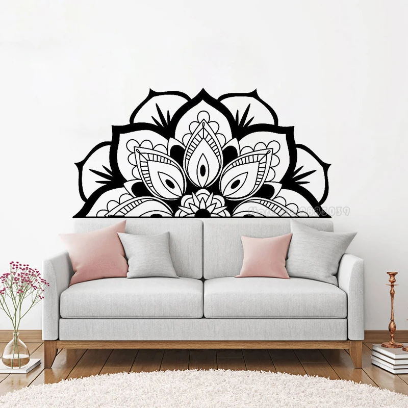 Half Mandala Headboard Wall Decal Lotus Flower Mandala Classic Decor Decals Vinyl Bedroom Yoga Sticker Bohemian Style LL2379