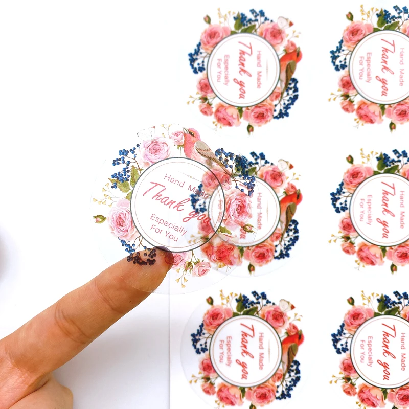 60Pcs Flower little bird Transparent seal sticker Round Thank you Sealing Label Kraft Sticker Baking DIY Round Gift Stickers