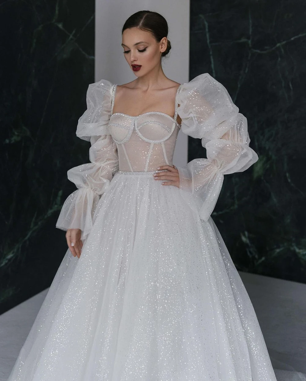 Sevintage – robe de mariée brillante en Tulle, manches bouffantes, coupe A-Line, dos nu, manches longues