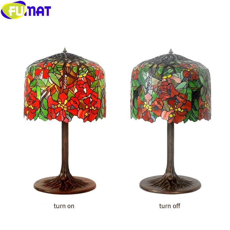 FUMAT Tiffany Big Luxury Desk Art Decor Lamp 18 Inch Stained Glass Table Lights Garden Shade Copper Root Shape Frame 32 Height