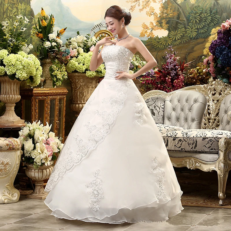 AnXin SH flower lace white vintage strapless beading crystal sleeveless ball gown white lace up customized wedding dress