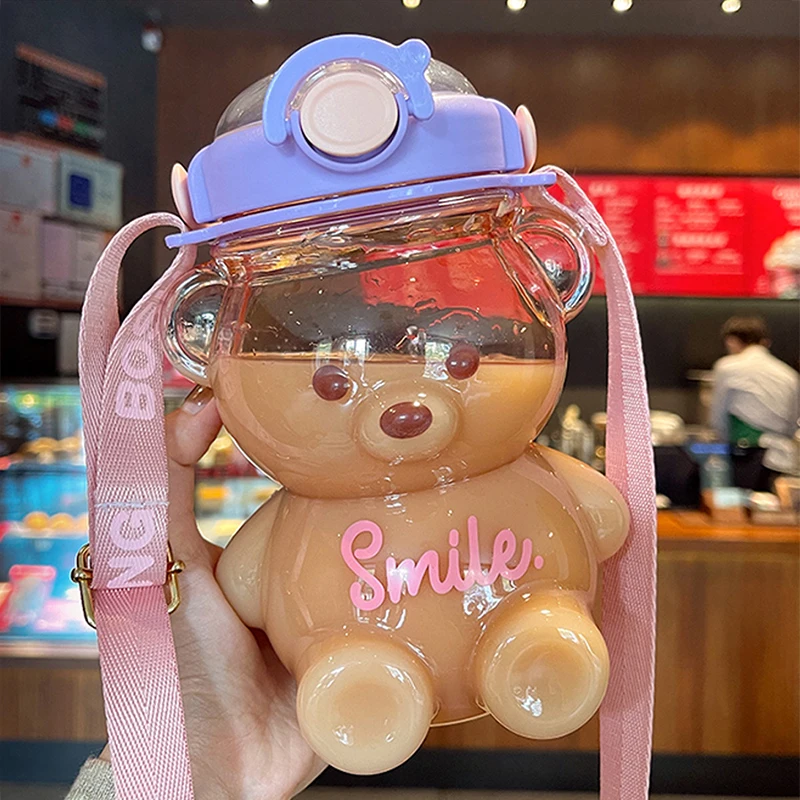 Kawaii Bear Plastic Water Bottle With Straw Portable Strap Cute Kids Bottles For Girls Summer Large Capacity Milk Bubble Tea Cup