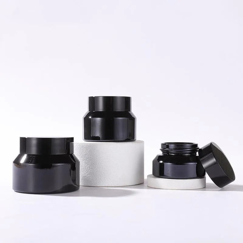 

15g 30g 50g Black Glass Cosmetic Cream Jar Empty Hand Face Packing Containers With Plastic Lid & Inner PP Gasket