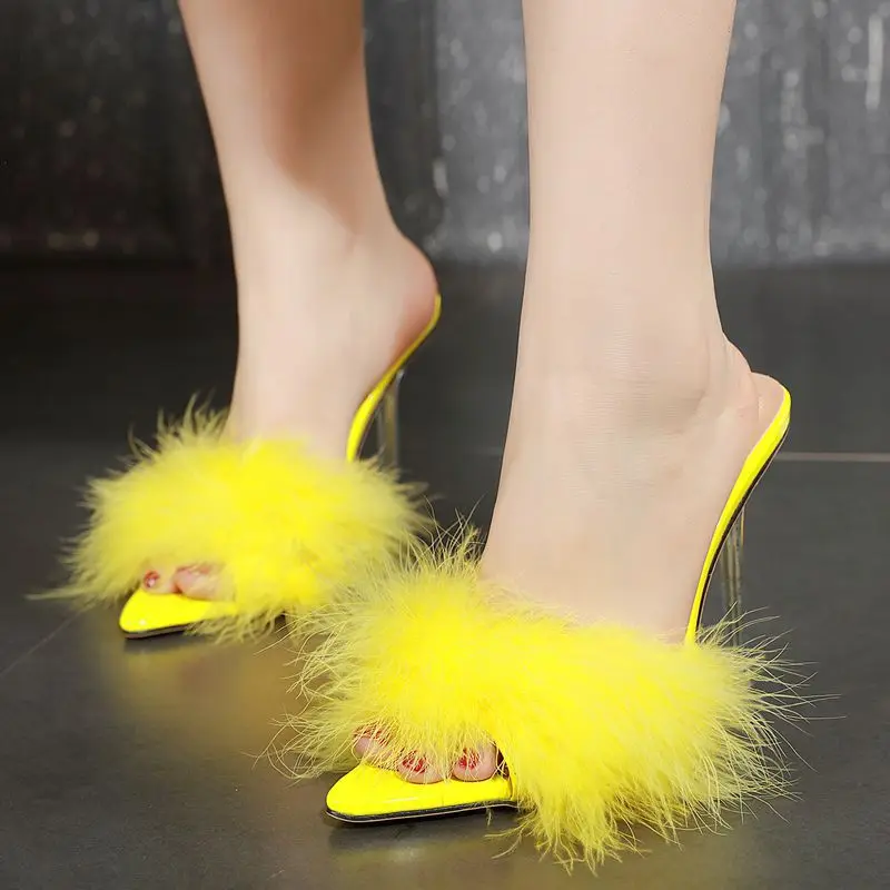 

European And American-Style Women's Pointed-Toe Furry Low-Cut Women's Nightclub Fine with Super High Heels Slippers