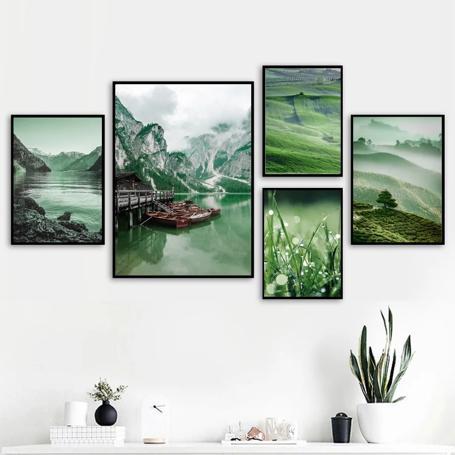 

Fog Mountain Forest Lake Boat Rice Field Wall Art Canvas Painting Nordic Posters And Prints Wall Pictures For Living Room Decor