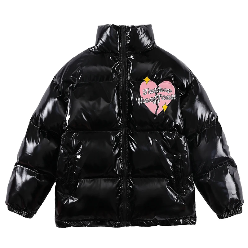 

2021 Hip Hop Jacket Parka Japanese Cracked Love Letter Print Streetwear Men Windbreaker Harajuku Winter Coat Warm Shiny Outwear