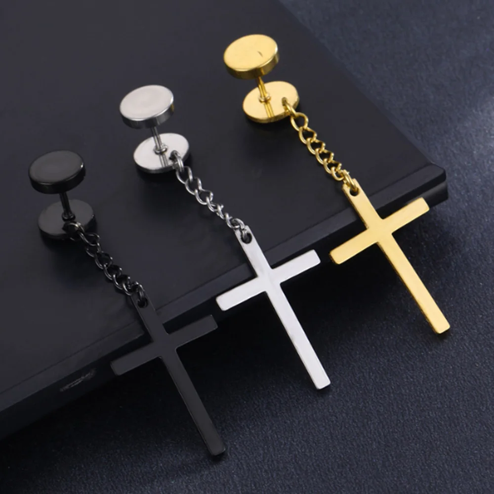 2Pcs Punk Surgical Stainless Steel Dumbbel Tassel Cross Earrings Chain Ear Studs Drop Earrings Women Men Cross Piercing Jewelry